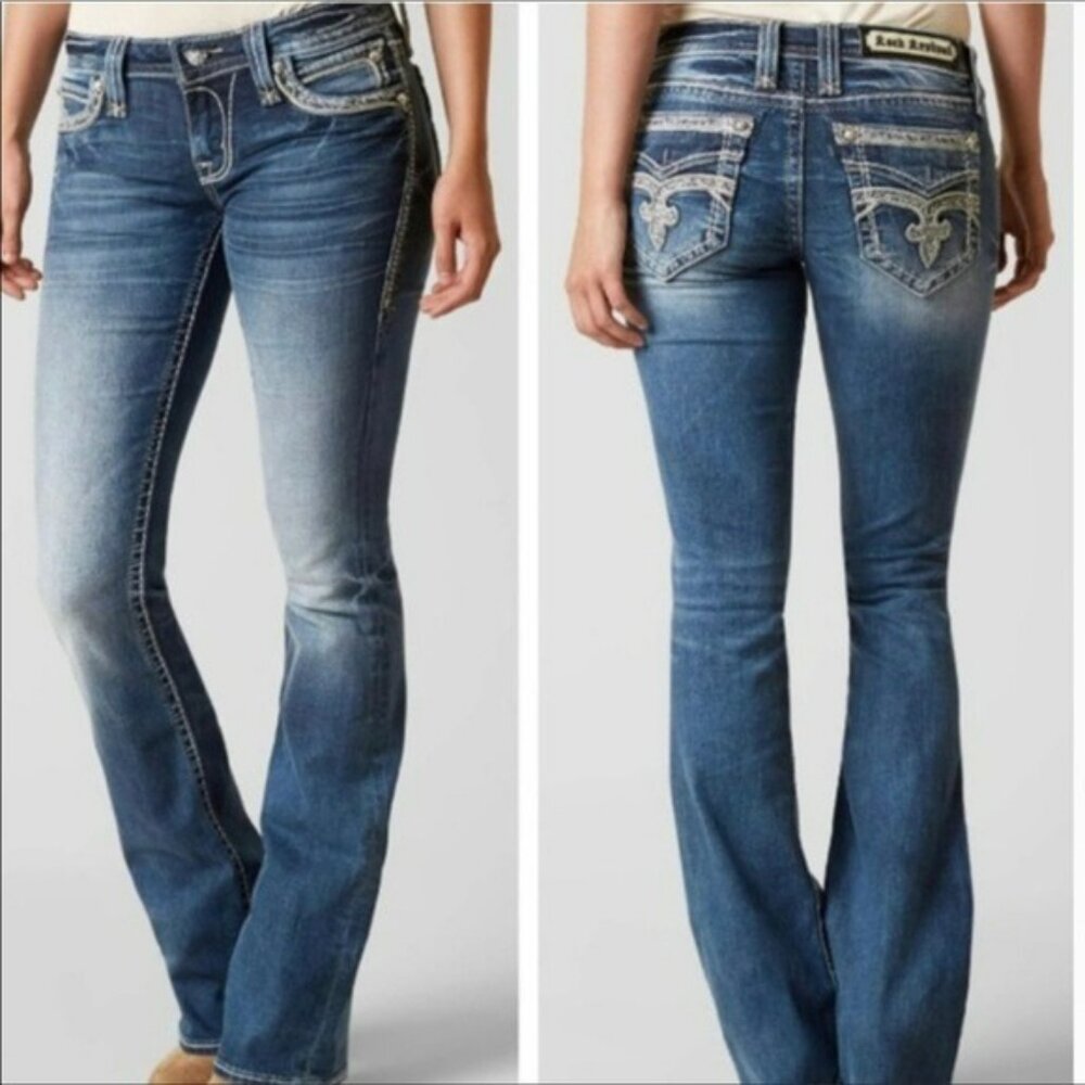 Rock Revival Jasmine Boot Cut Denim Jeans With Bling Pocket Embellishments